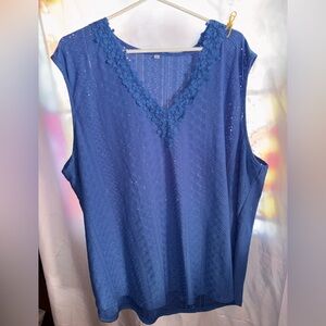 Women's Blue Lace Detail V-Neck Sleeveless Top with Eyelet Fabric